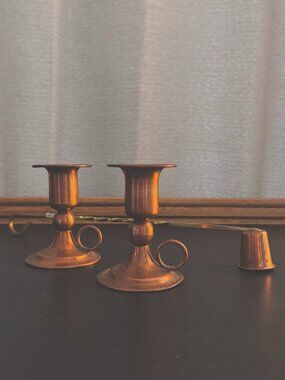 Vintage Copper Candlesticks & Snuffer Set Apothecary Decor